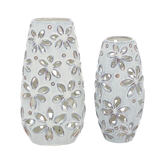 Set of 2 White Ceramic Farmhouse Vase 14", 11"